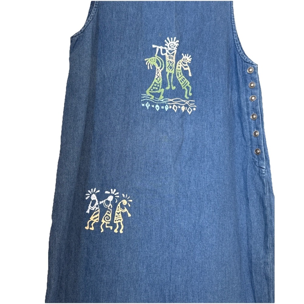 Vintage Fads Denim Maxi Dress Kokopelli Flute Player Blue Cotton Large RN 84789 - Picture 7 of 10